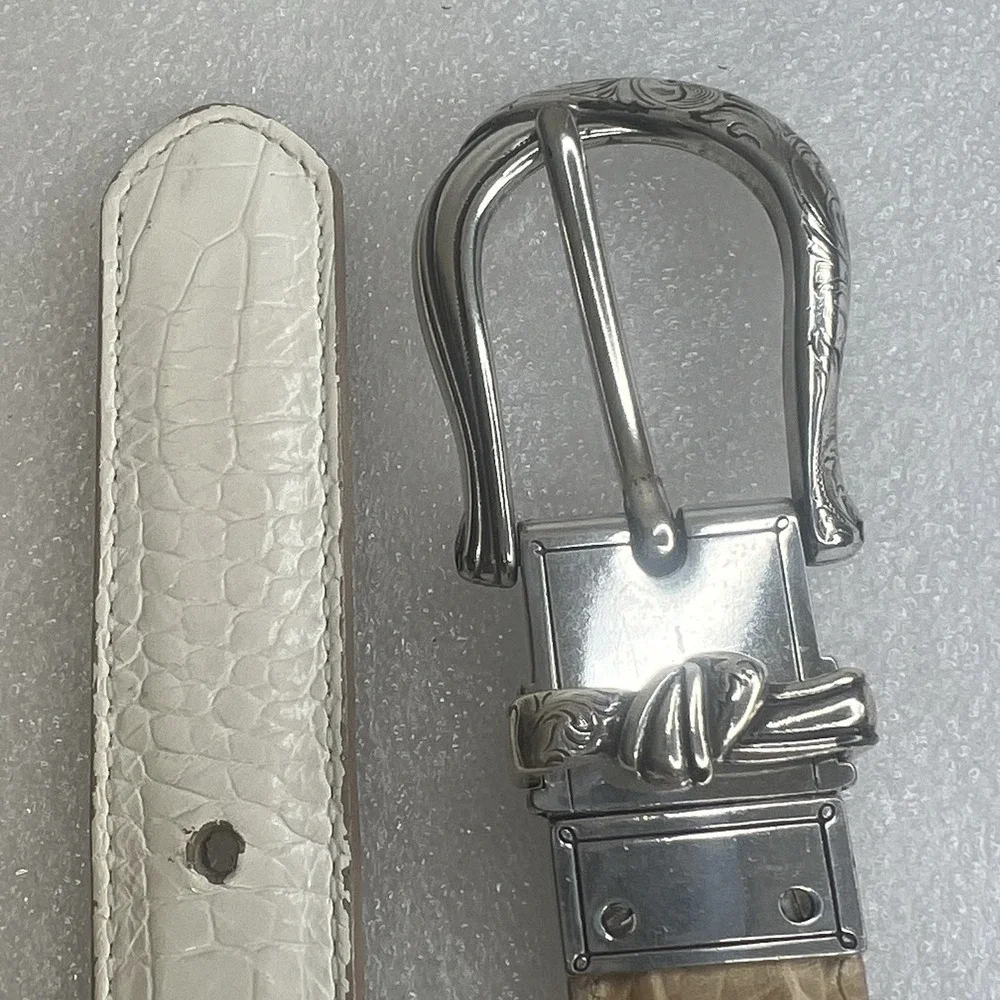 Brighton Leather Croc Embossed White/Beige Belt Ornate Silver Buckle Reversible